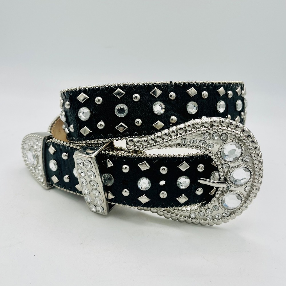 Another Line Inc Black Studded Rhinestone Western Bling Belt Size M